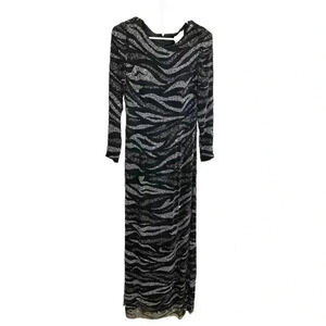 Mon Cheri Evenings Silk Black and Silver Beaded Long Sleeve Dress Size 4, EUC